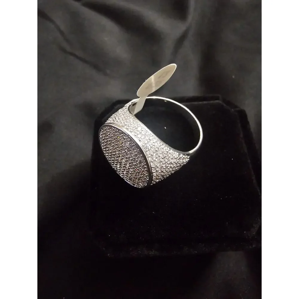 Size 9 White Gold-Plated brass- Men's Ring Pavé Round Cubic Zirconias